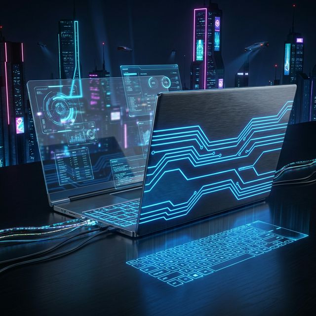Futuristic laptop concept with transparent display and holographic keyboard