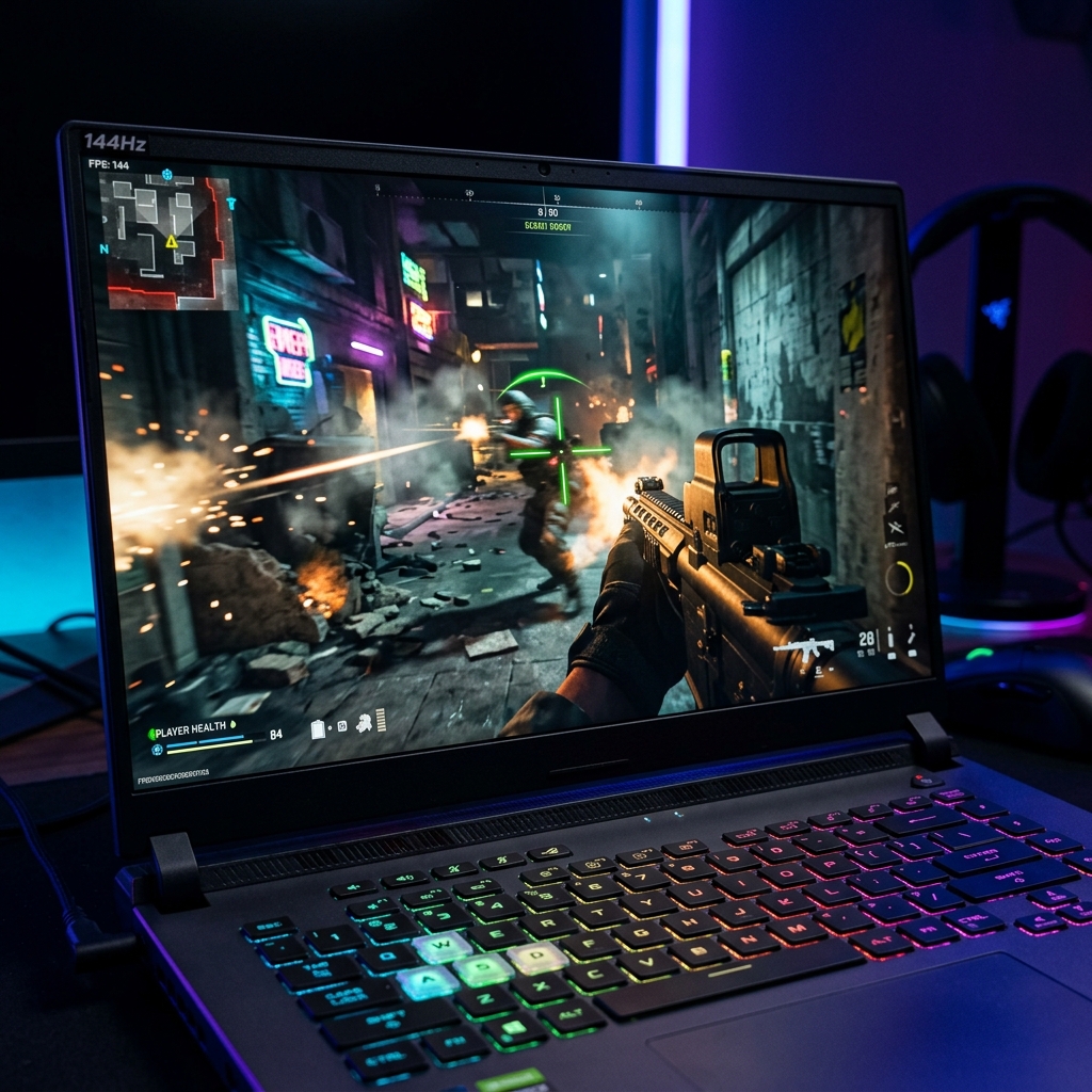 Close-up of a 144Hz gaming laptop display showing a first-person shooter game with crisp motion and RGB keyboard glow