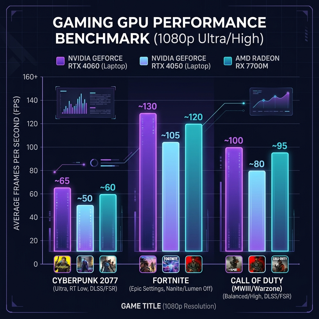 GPU benchmark chart comparing RTX 4060, RTX 4050, and RX 7700M laptop performance in Cyberpunk 2077, Fortnite, and Call of Duty at 1080p