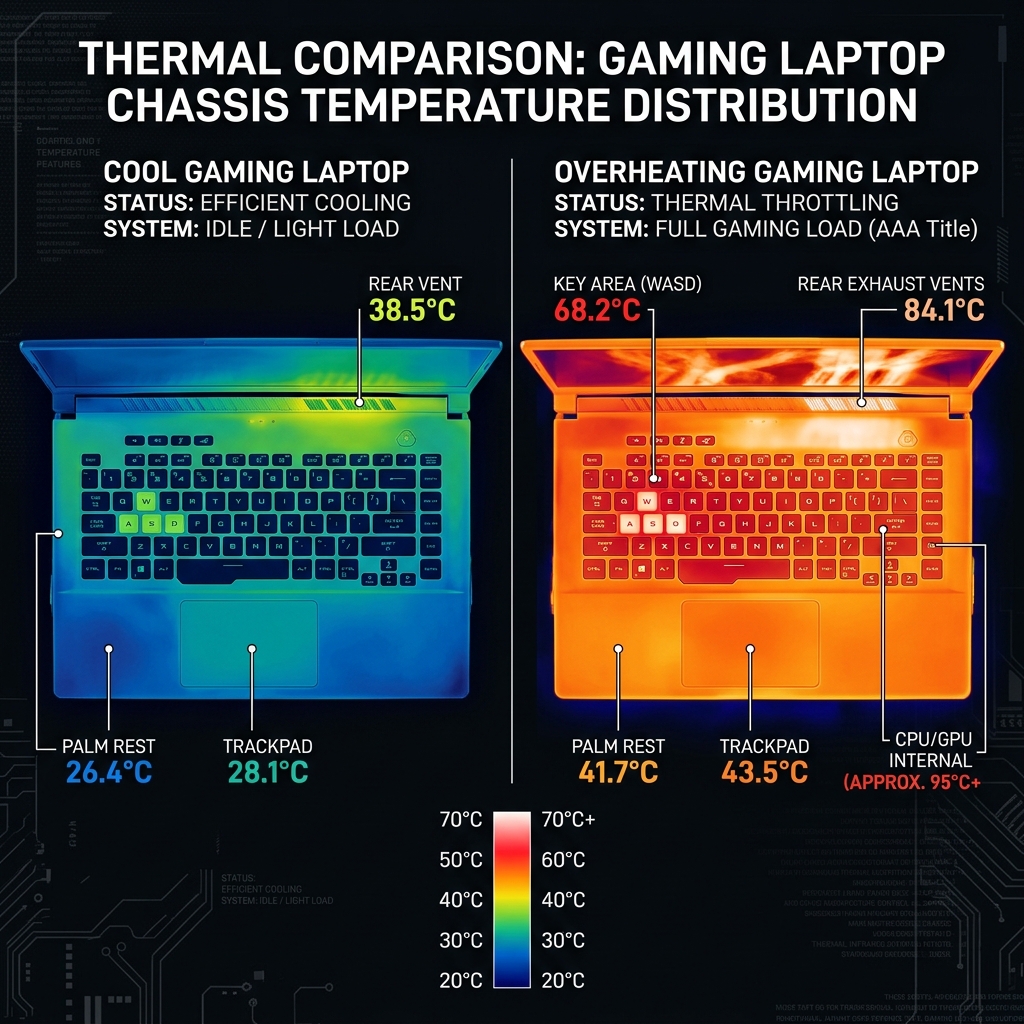 Thermal comparison showing a cool gaming laptop at 38°C versus an overheating laptop at 84°C under sustained gaming load