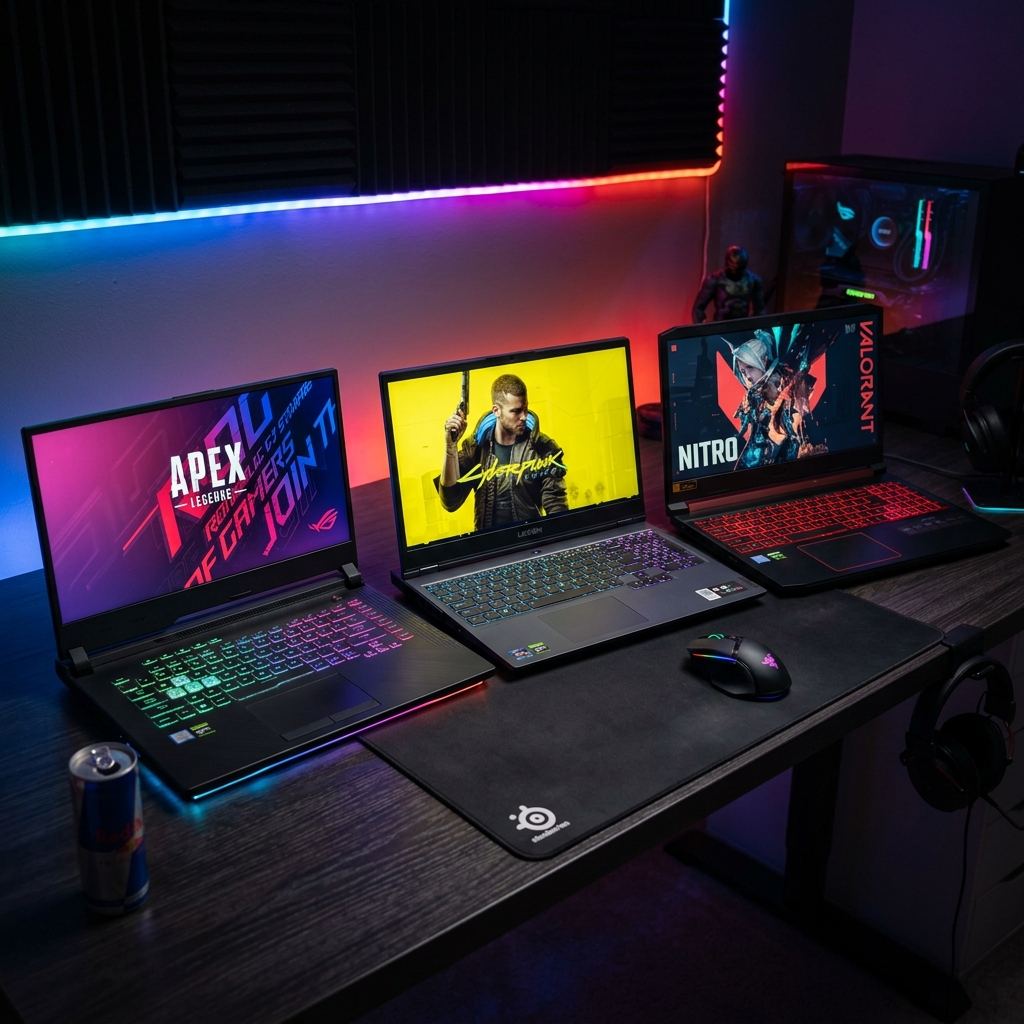 Three gaming laptops under $1000 on a RGB gaming desk — ASUS ROG, Lenovo Legion, and Acer Nitro