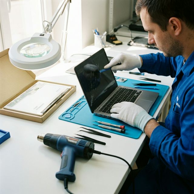 Technician repairing a cracked laptop screen in repair workshop